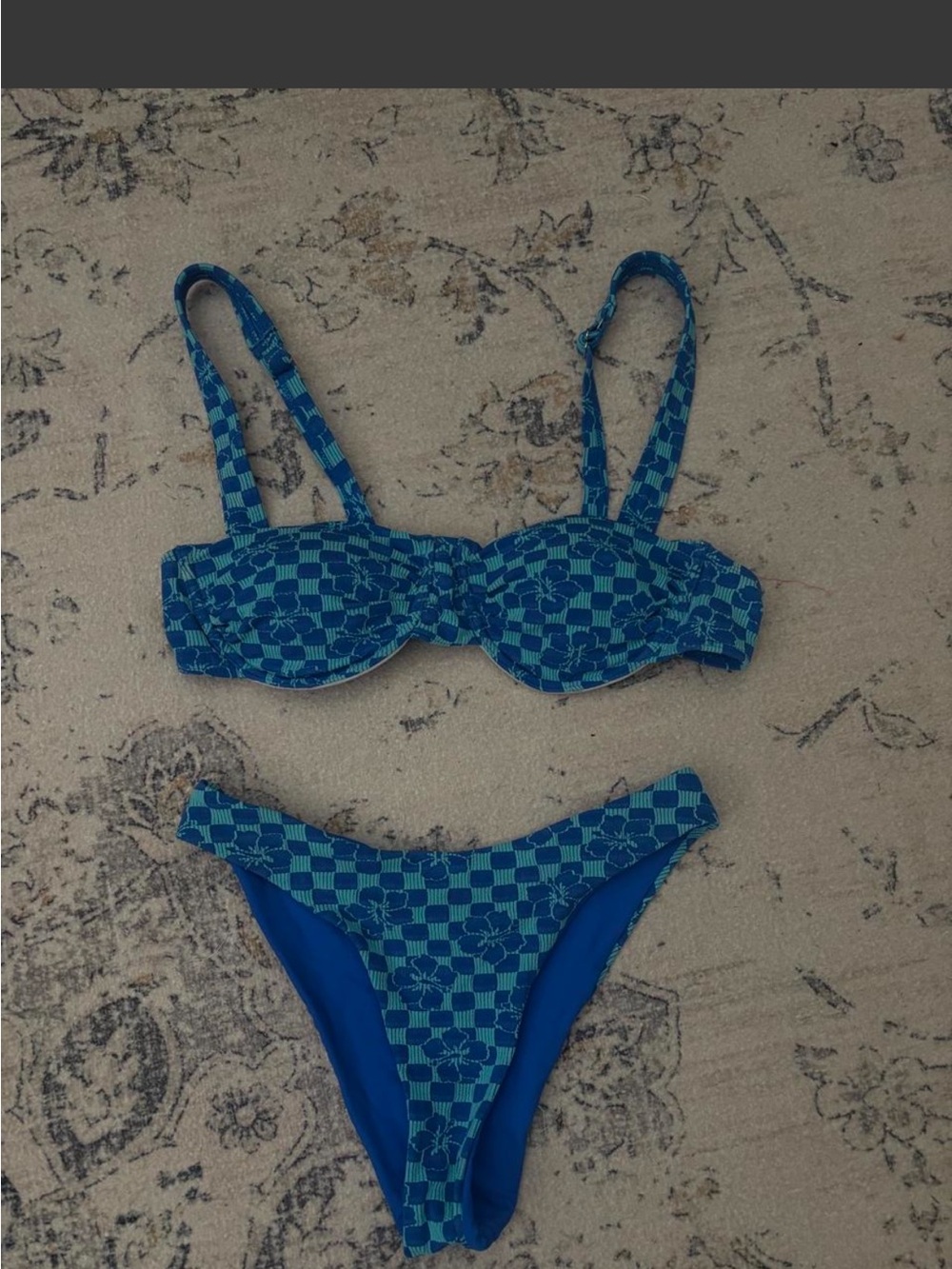 Blue Checkerboard Floral Bikini Set - Women's Swim Top & Bottom